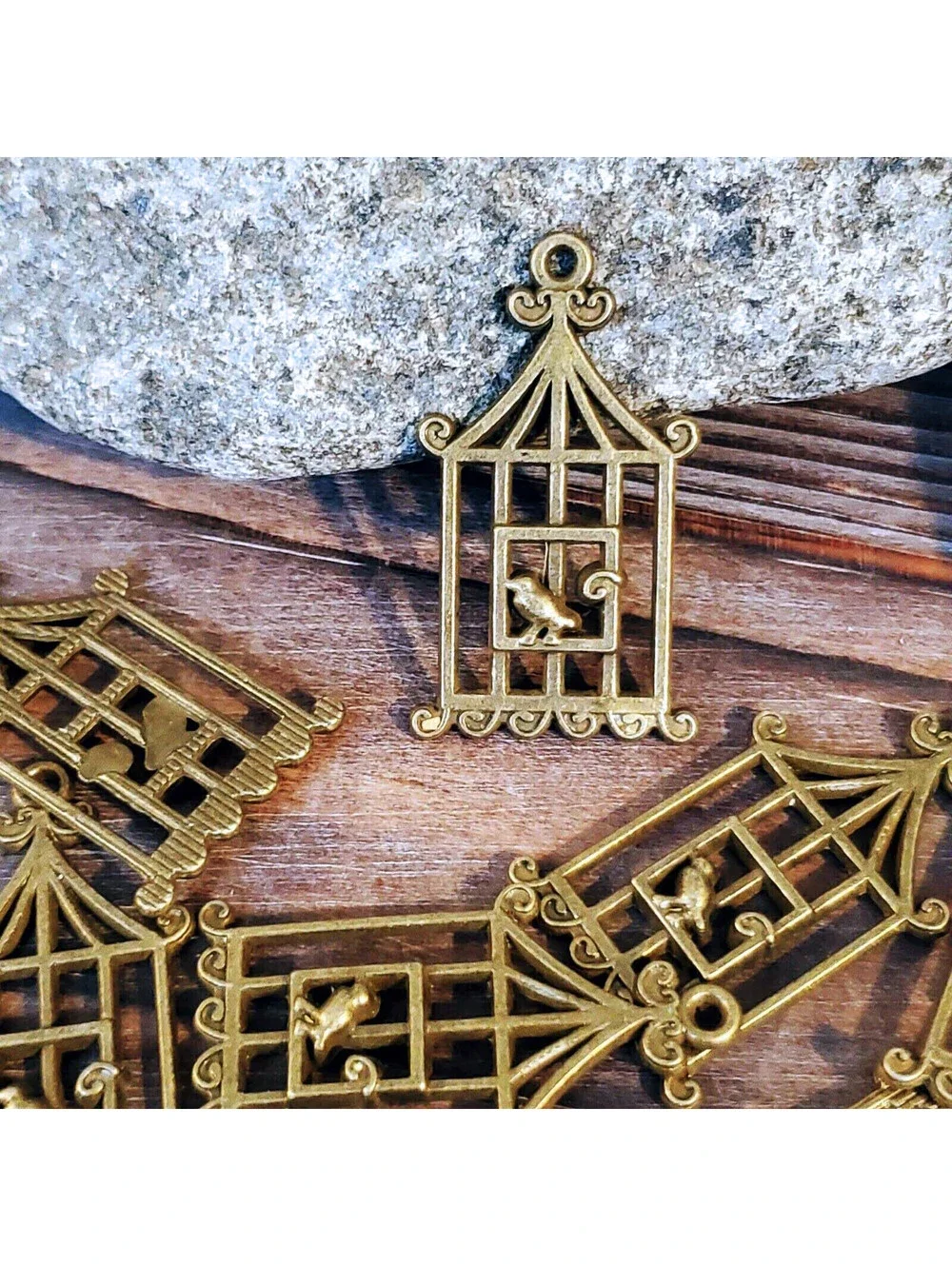 Antique Brass Pewter Art Deco Nouveau Bird & Cage Pendants 29x18mm 10 pcs